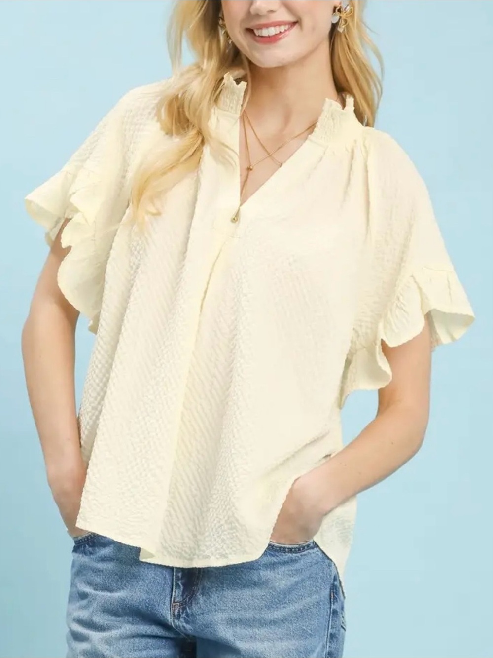 Umgee Cream Textured Flutter Sleeve Blouse